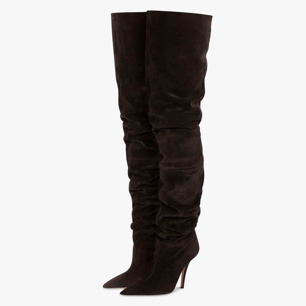 Dark Brown Vegan Suede Stiletto Heel Slouch Thigh High Boots Nicepairs