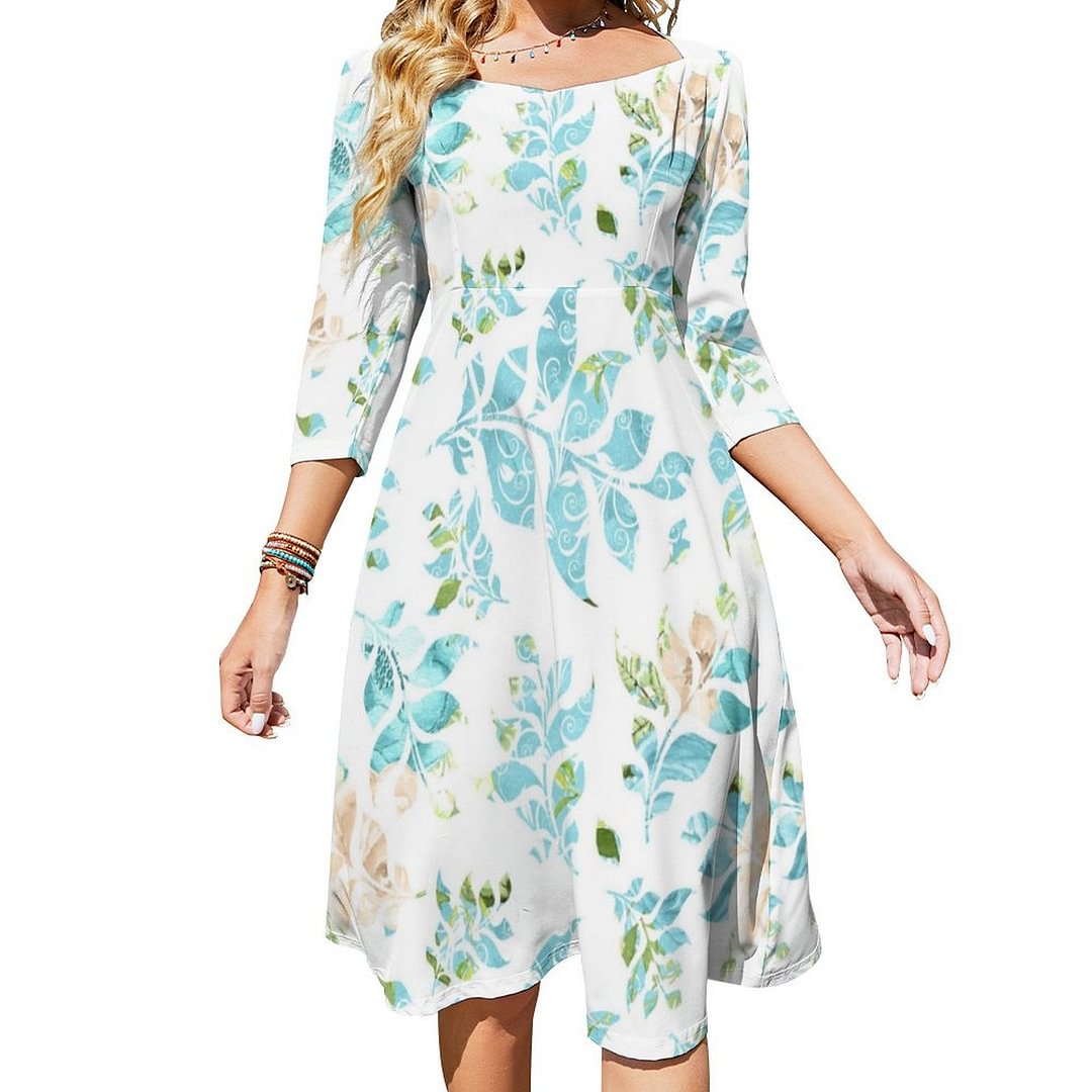 Pretty Light Blue Collage Leaves Patterned Dress Sweetheart Tie Back Flared 3/4 Sleeve Midi Dresses