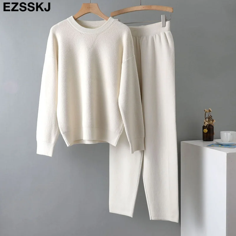 EZSSKJ 2 Pieces sweater Set Women Tracksuit o-neck Sweater + loose Trousers CHIC Pullover Sweater+ Knitted  Carrot pants Set
