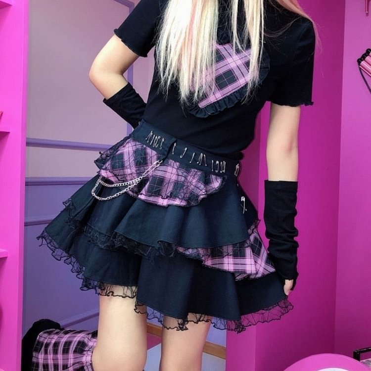 Black Pink Plaid Lace Pleated Skirt - Gotamochi Kawaii Shop, Kawaii Clothes