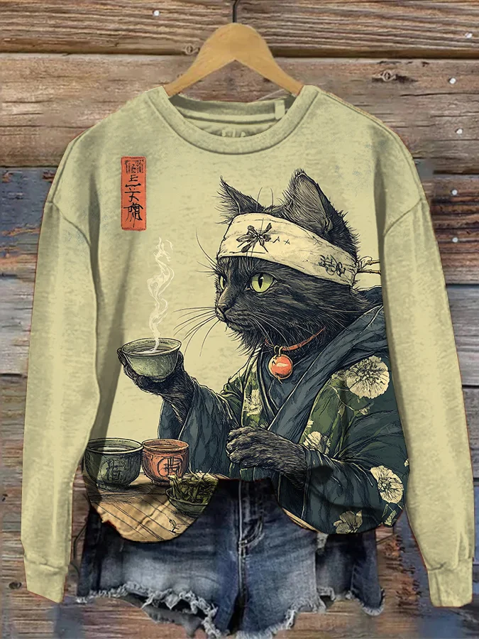 Women's Cat Drinking Tea Japanese Tea Ceremony Art Print Casual Sweatshirt