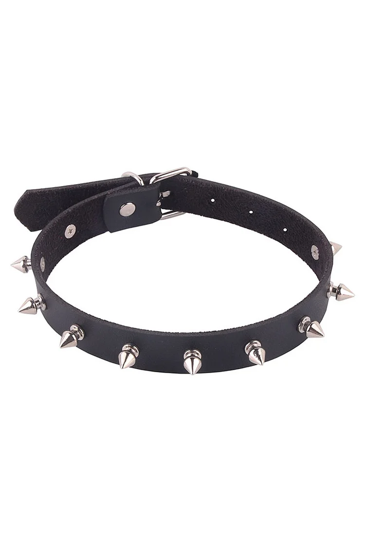 Gothic Black Party PU Leather Alloy Pointed Rivet Adjustable Choker