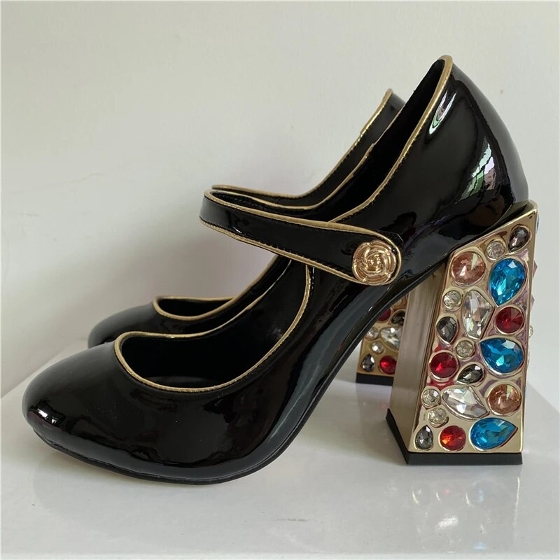VCSHOES Diamond Chunky Heel Women's Pumps Round Toe Patent Leather Rhinestone Party Shoes For Girls
