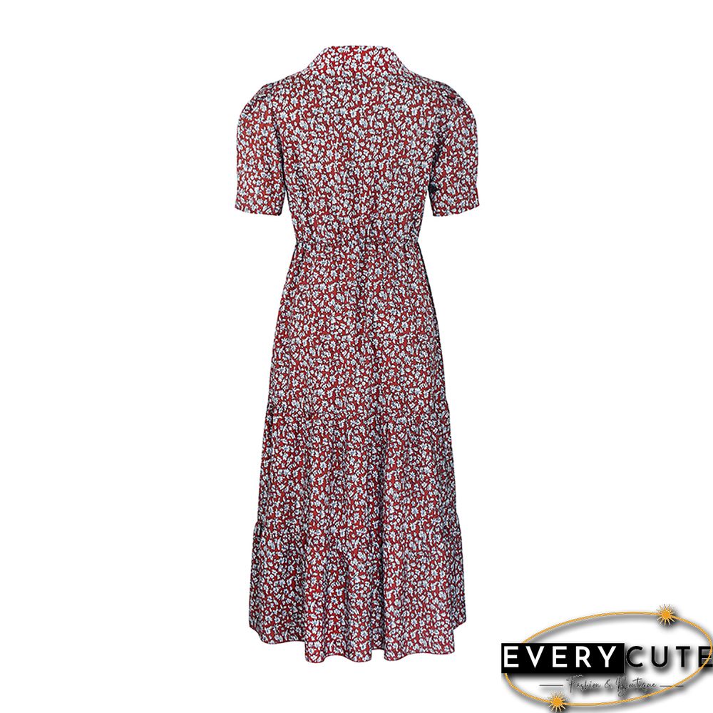 Red Button Short Sleeve Shirt Floral Dress