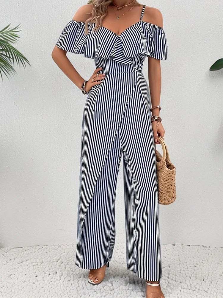 Striped Spaghetti Strap Jumpsuit, Vacation Style Ruffle Trim Straight Leg Jumpsuit For Spring & Summer, Women's Clothing