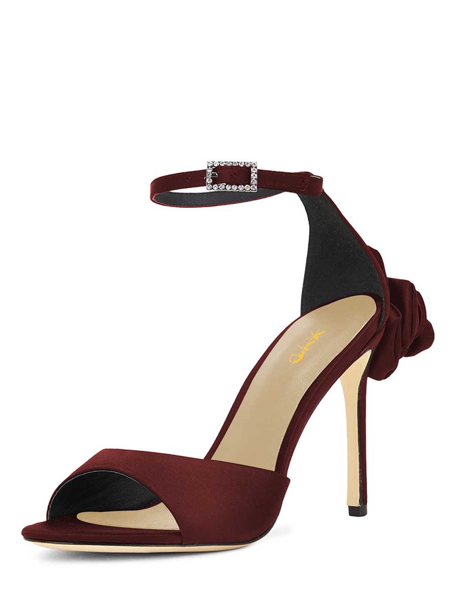 Maroon Rhinestone Buckle Ankle Strap Rose Stiletto Heel Womens Sandals