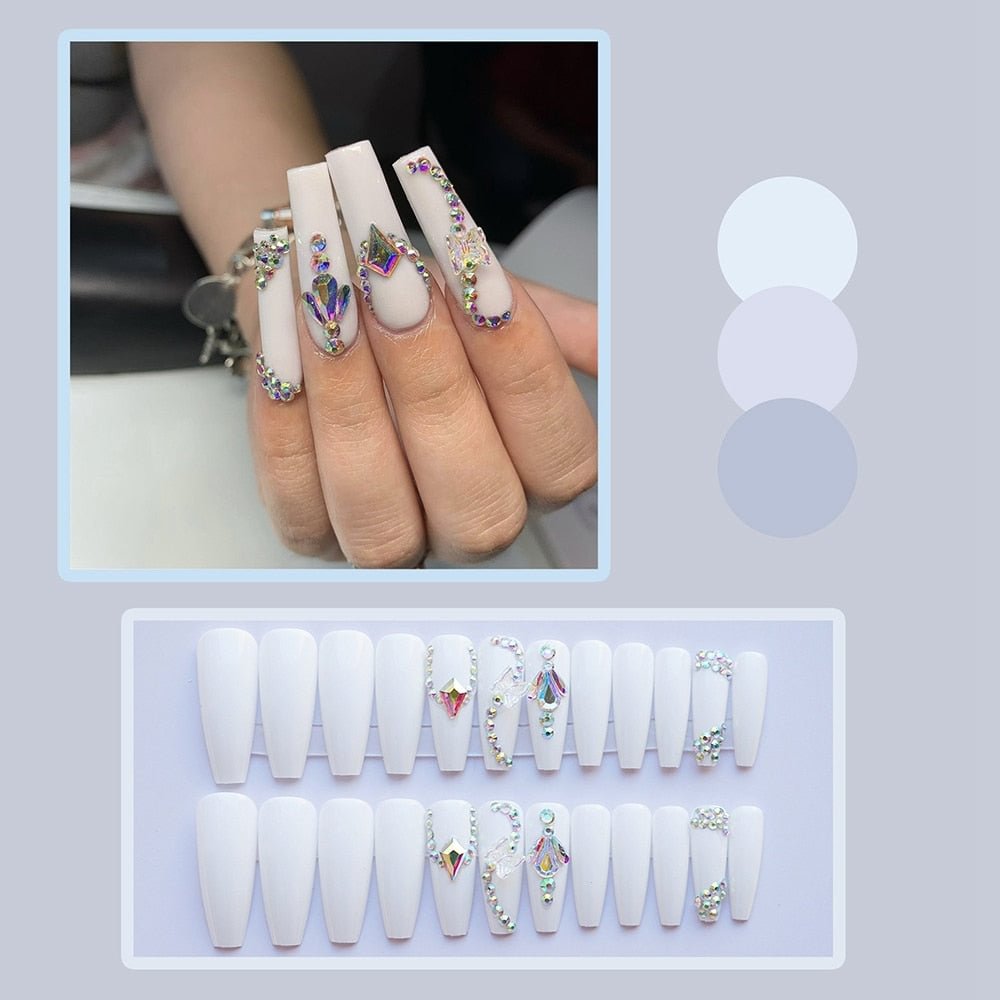 White colorful butterfly fake Nails Detachable Super Long Coffin False Nails Press On Nails Full Cover French Ballerina Nails