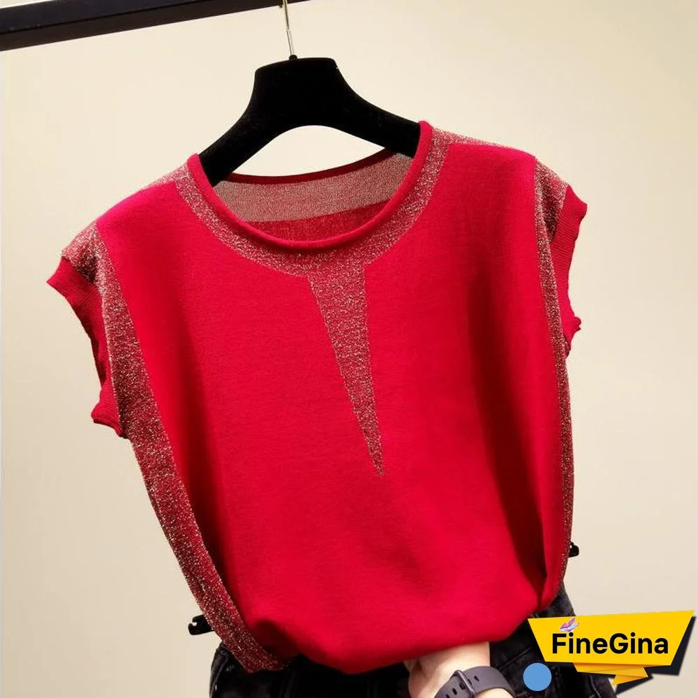 Summer Women Knitted T Shirt Patchwork Short Sleeve Tees Contrast Color Top Korean Fashion Womens Clothing Tee Shirt Femme