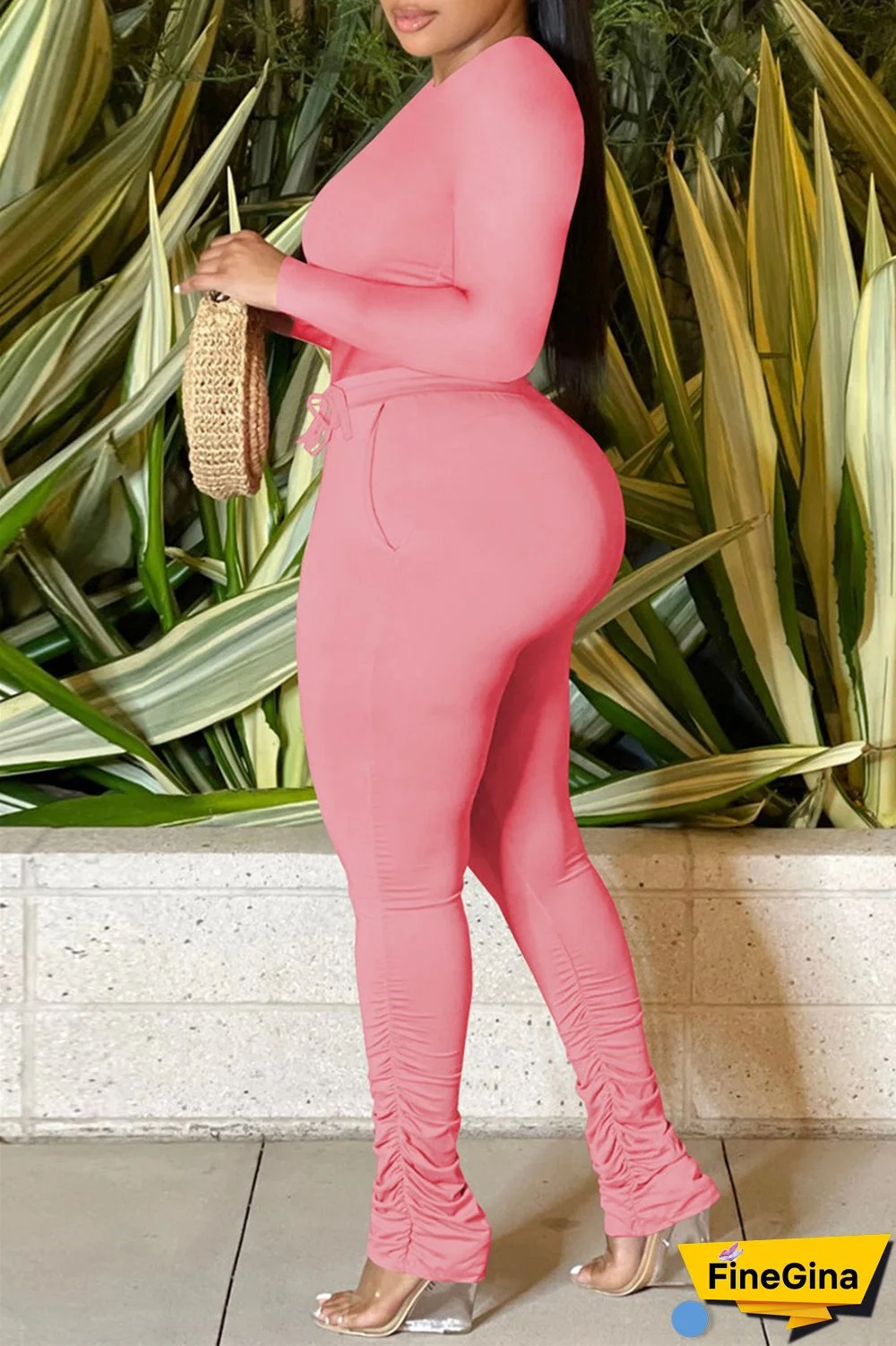 Yellow Casual Solid Basic O Neck Long Sleeve Two Pieces