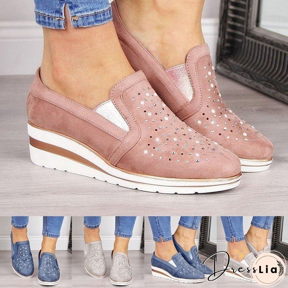 Women Casual Thick Sole Single Shoes Rhinestones Sandals Breathable Wedge Shoes