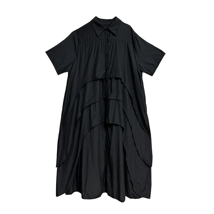 Cool Black Irregular Hem Short Sleeve Shirt Dress