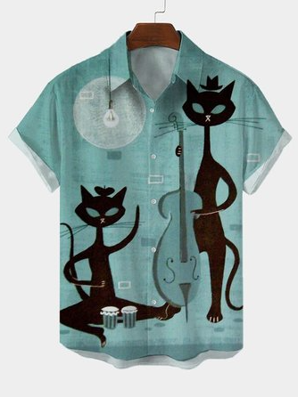 Hawaiian Retro Abstract Cat Elements Men's Casual Short-sleeved Shirt