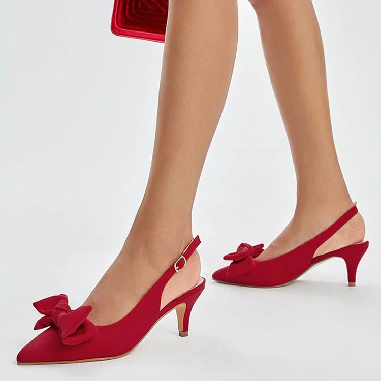 Elegant Red Slingback Kitten Heels Women'S Pointed Toe Bow Shoes Classic Office Pumps |FSJ Shoes