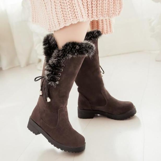 Fuzzy cuff tassels mid calf snow boots plush lined low heel winter boots