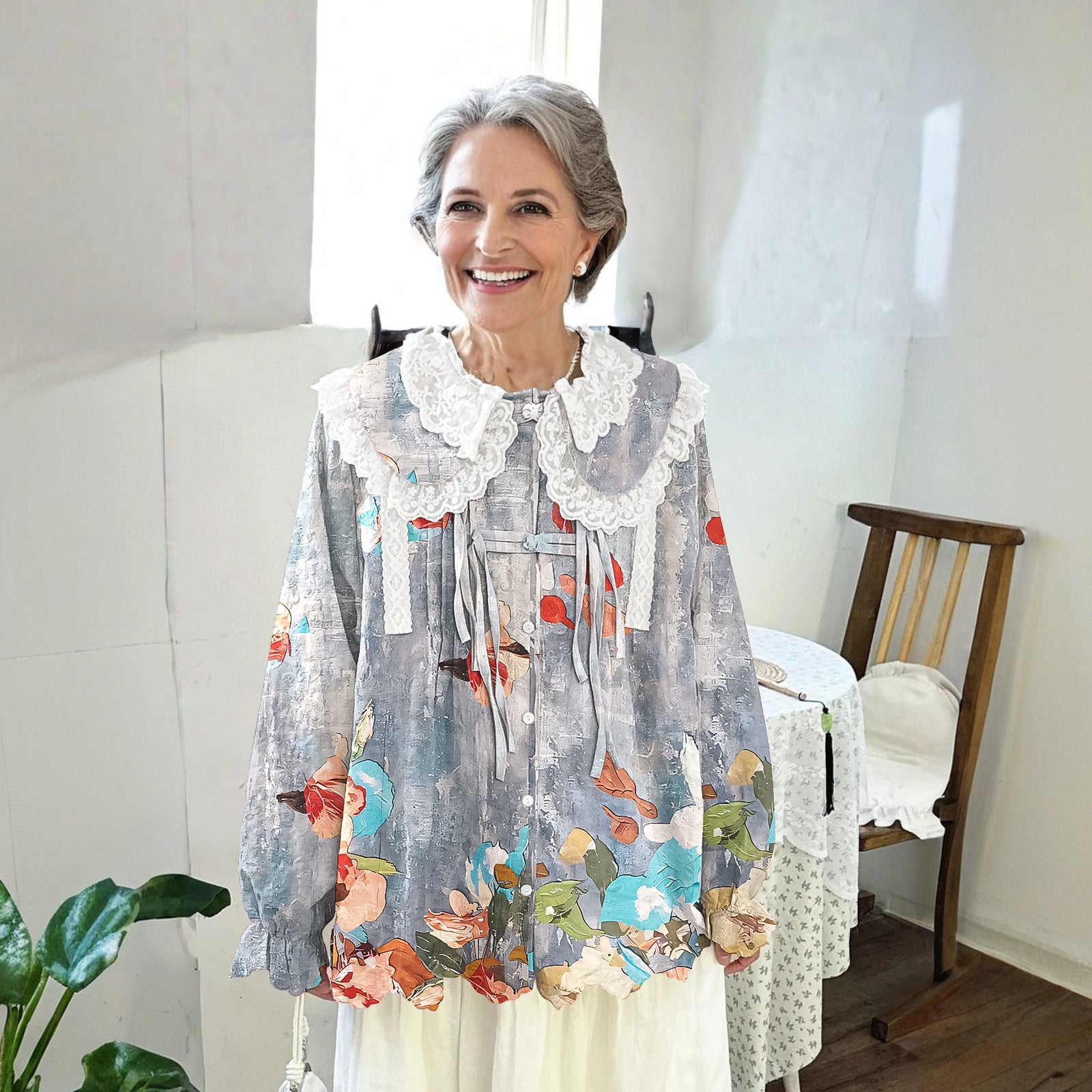 Women Printed Long Sleeve Round-neck  Cute Collar Shirts Blouses Light Gary