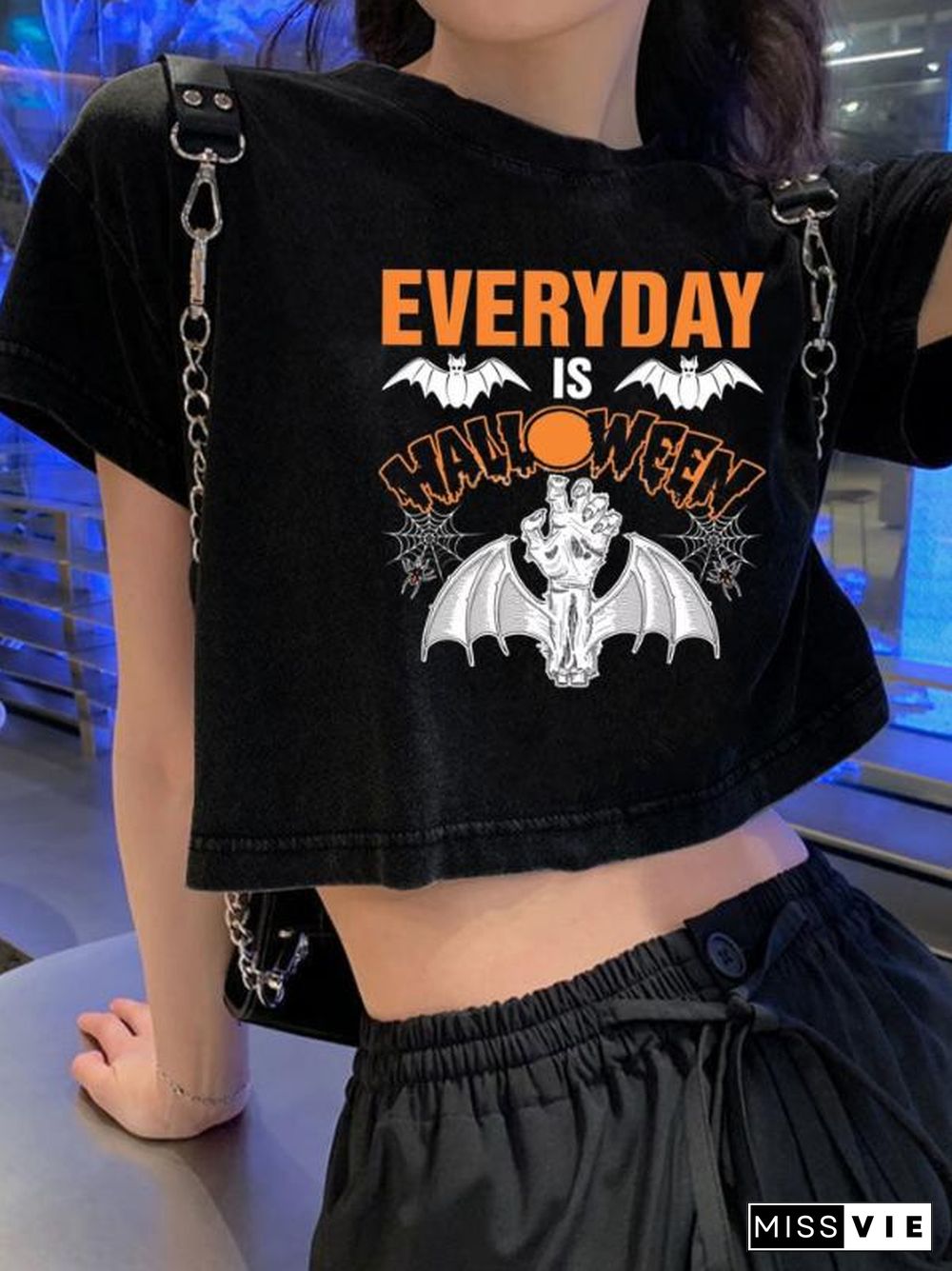 Crew Neck Halloween Letter Print Short Sleeve Crop Tops
