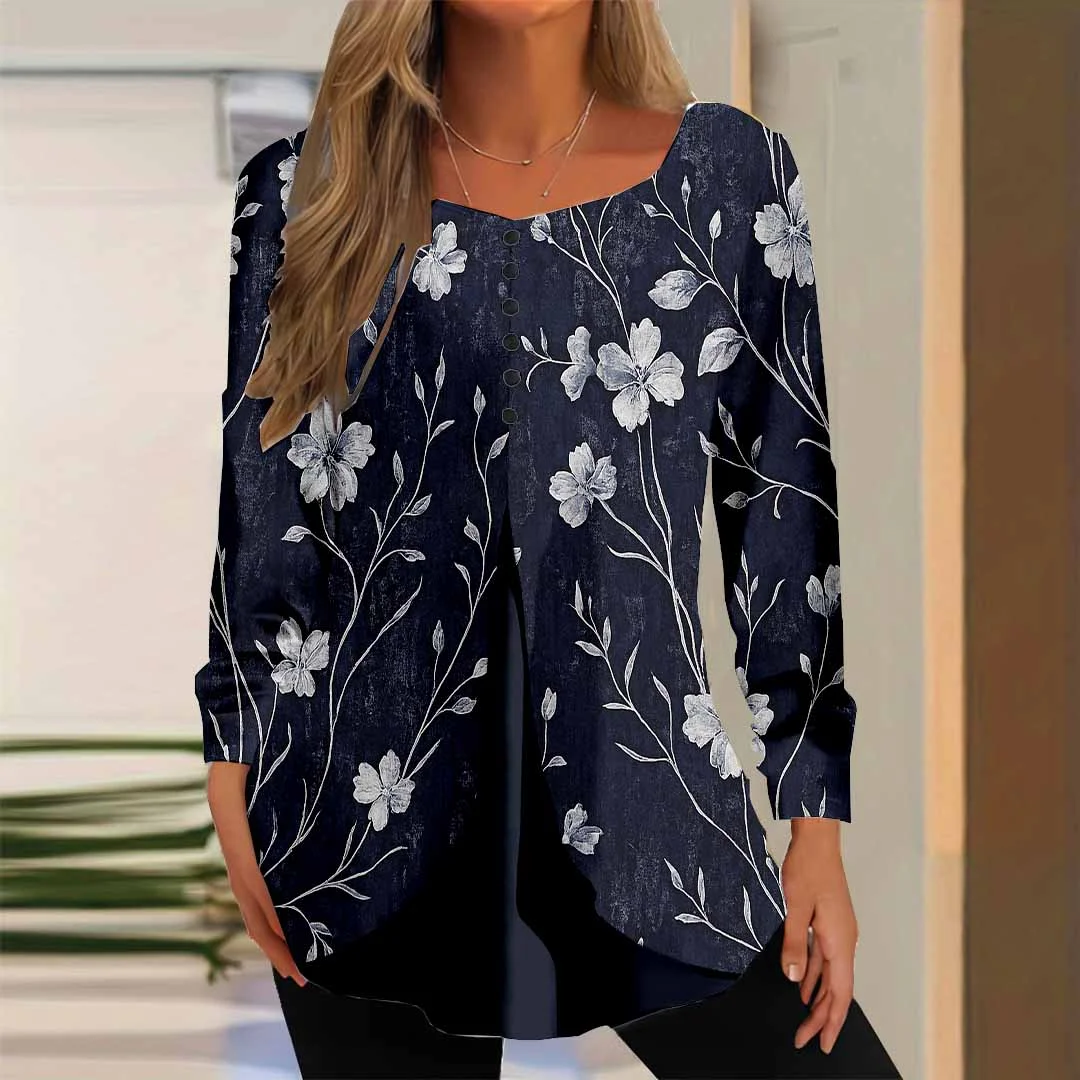 Women Floral,Blue DZGG8298 Long Sleeve Scoop Neck Printed Graphic Button Fake 2in1 Tops