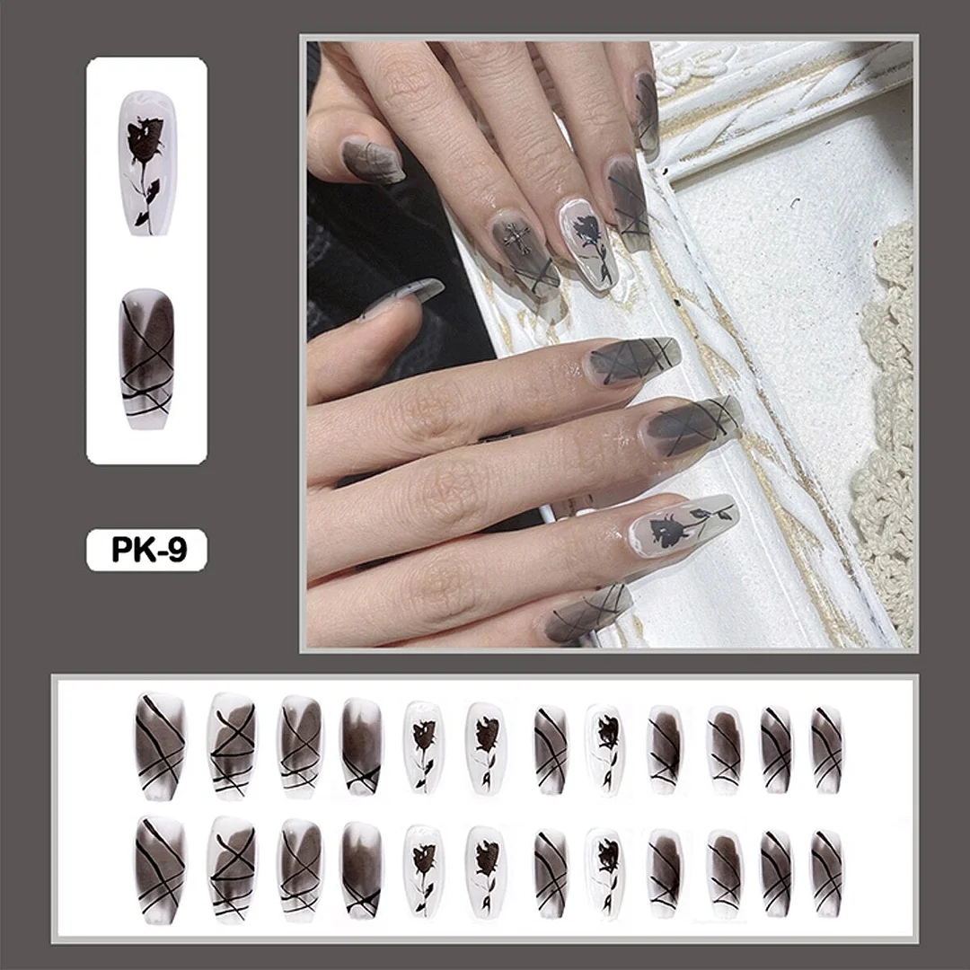 Dark Rose Nail Art Translucent Almond Shape Wearable False Nails With Glue And Sticker 24pcs/box With Wearing Tools As Gift-Nail Inspo
