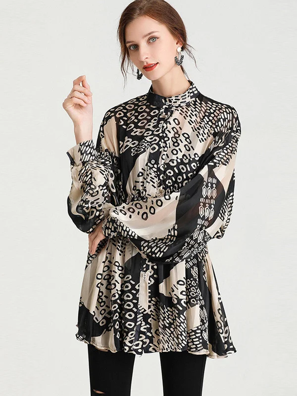 Original Loose Polka-Dot Striped Pleated Buttoned Stand Collar Long Batwing Sleeves Blouse
