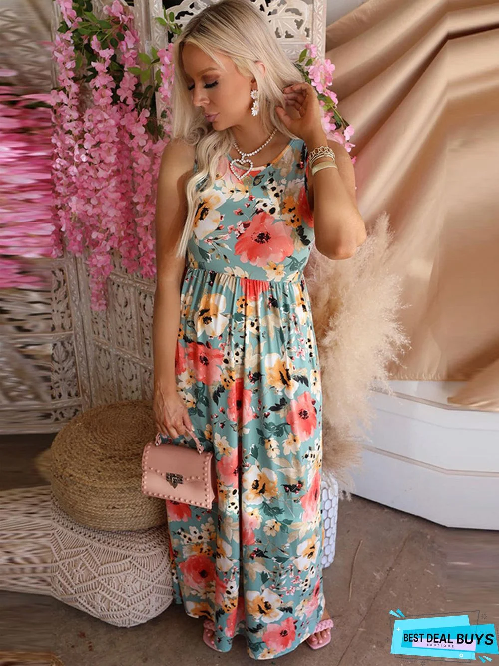 Plant Flower Print One-Step Skirt Loose Sleeveless Dress