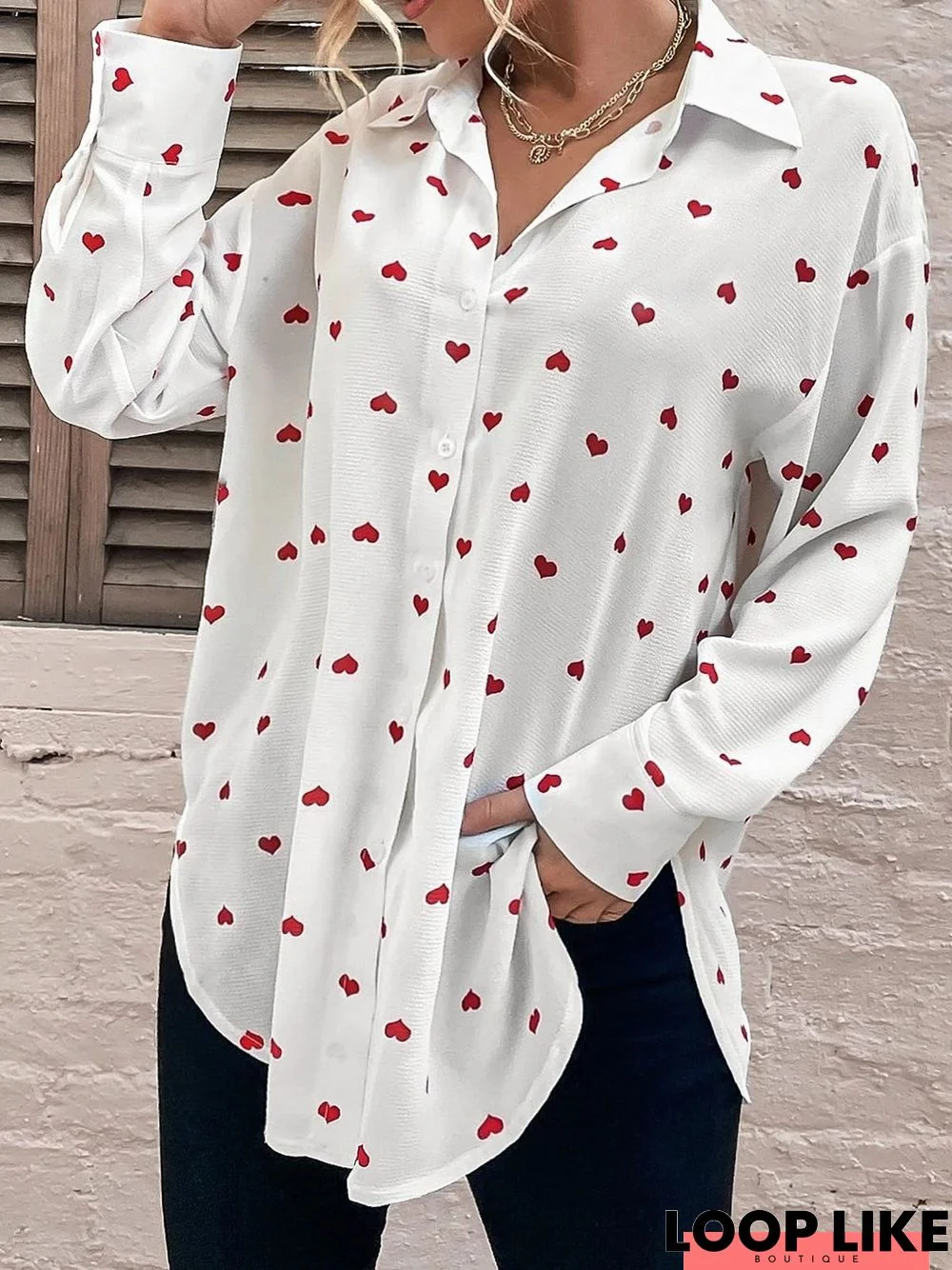 Shirt Collar Loose Casual Heart/Cordate Printed Blouse