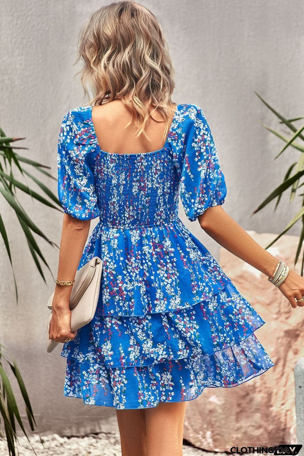 Smocked Square Neck Balloon Sleeve Mini Dress