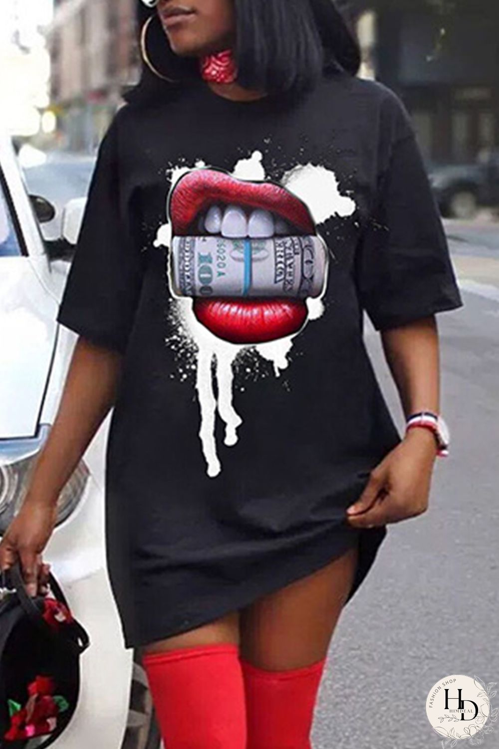 Red Fashion Casual Print Basic O Neck Short Sleeve Dress