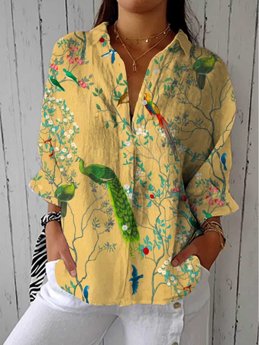 Women's Vintage Floral Peacock Pattern Art Print Casual Cotton Linen V-neck Shirt