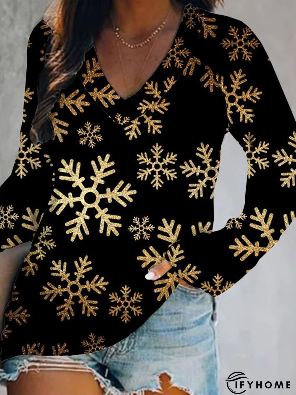 Christmas Xmas Long Sleeve V Neck Plus Size Printed Top Tunic T-Shirt | IFYHOME
