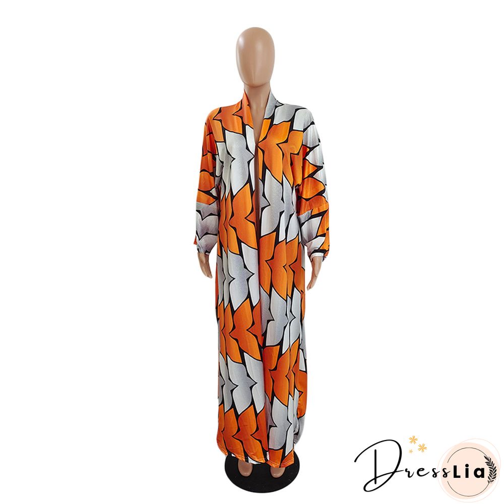 Printed Long Sleeve Open Front Long Cardigan Tops