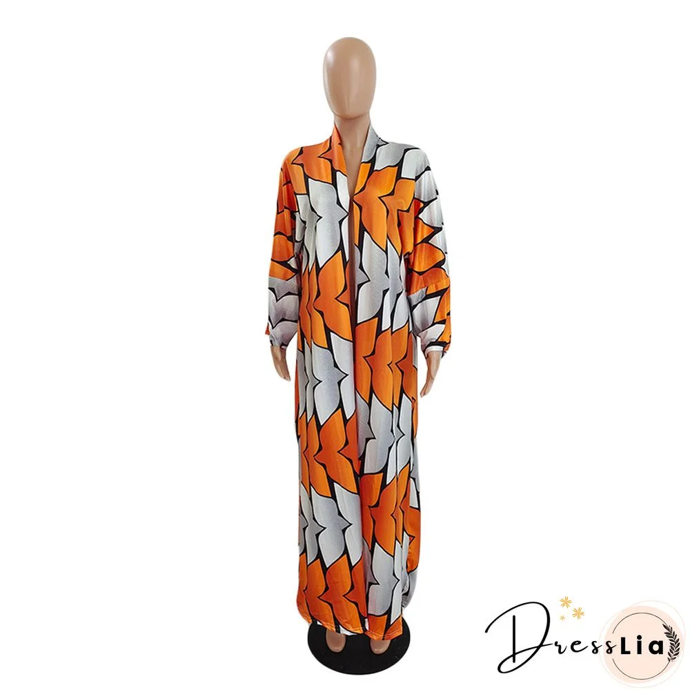 Printed Long Sleeve Open Front Long Cardigan Tops