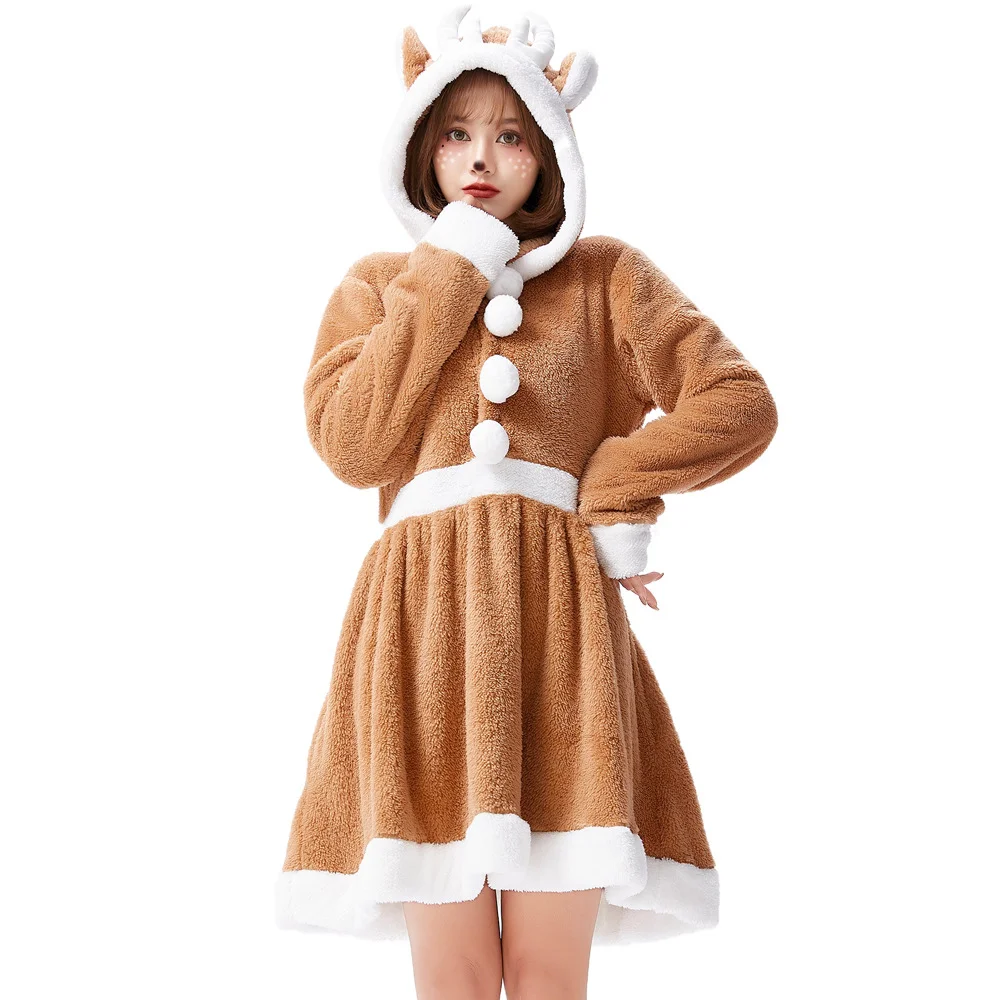 Christmas Costume Cute Reindeer Long Sleeve Hooded Dress Khaki Elk Personality Loose Pajamas Novameme