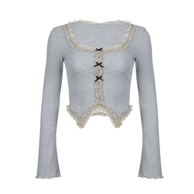 Huibahe Style Lace Edge Square Collar Cropped Top Grey Coquette Flare Long Sleeve Slim-fit Knitted Tops Korean Cute Tees