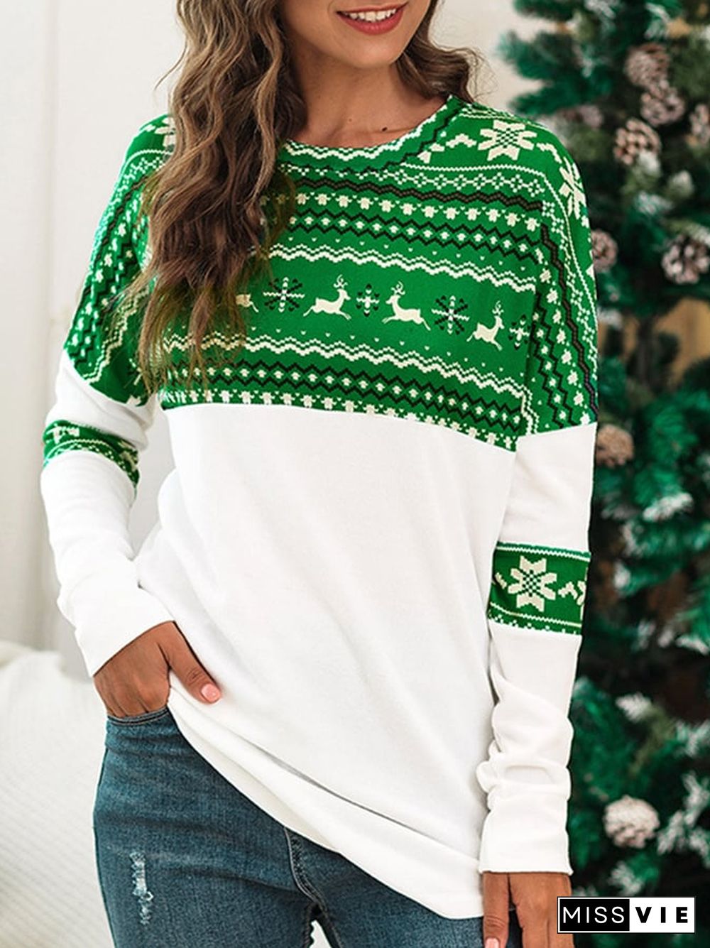 Women's Christmas Elk Print Contrast Loose Sweatshirt