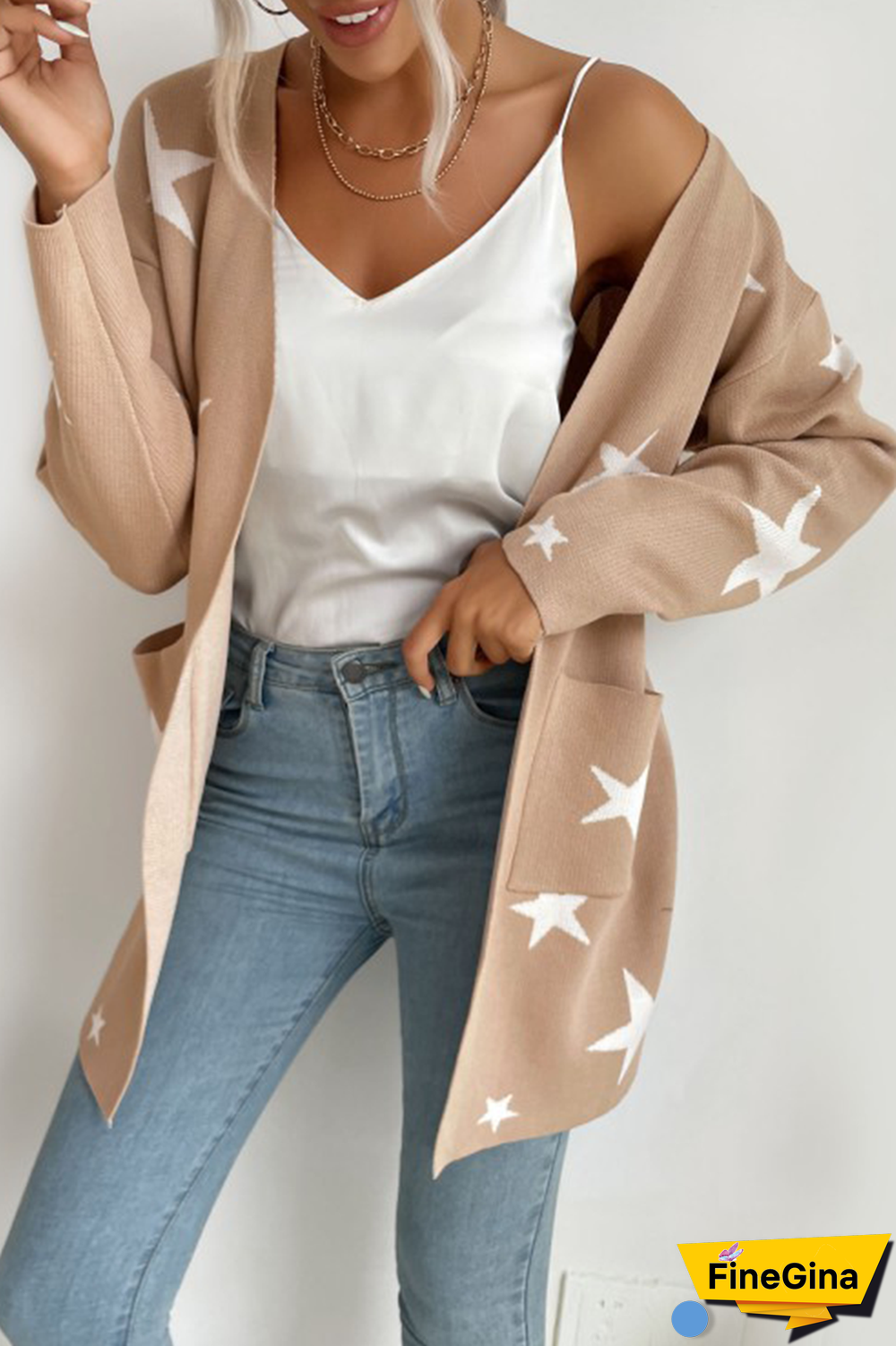 Casual The stars Split Joint Pocket V Neck Outerwear Sweater