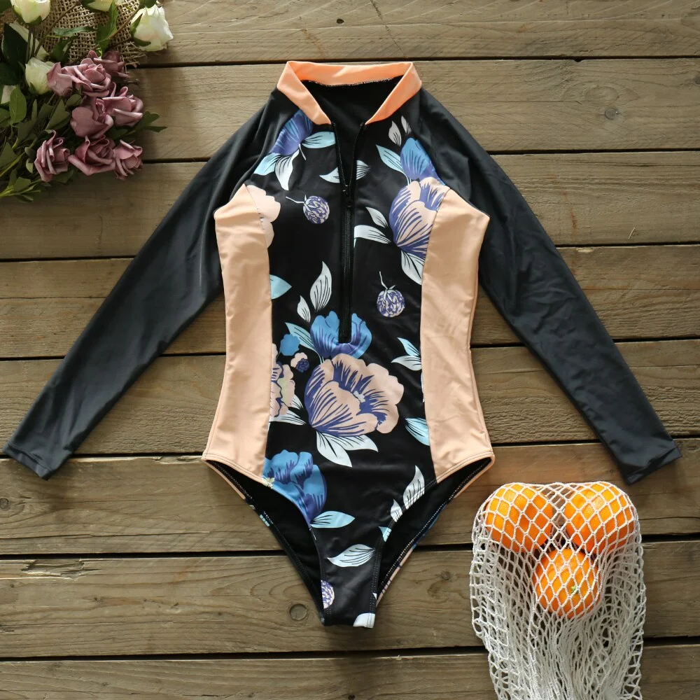 Long Sleeve Print Floral 2021 New One Piece Swimsuit Swimwear Women Zipper Bathing Suit Retro Swimsuit Vintage Surfing Swim Suit