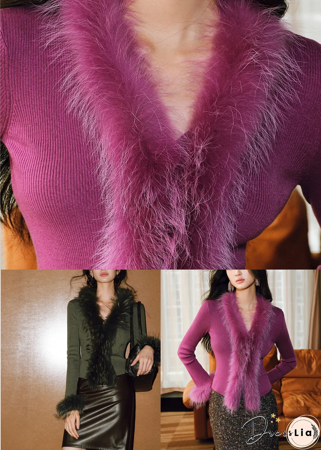 Slim Fit Green Raccoon Hair Collar Wool Knit Knitted Sweaters Winter