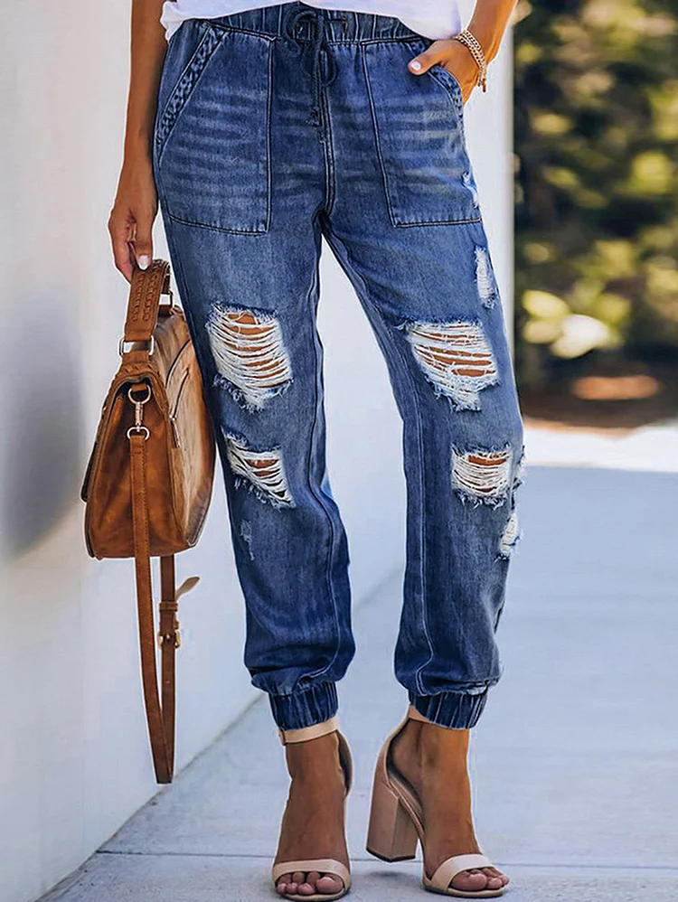 Daily Denim Pocket Elastic Waist Washed Ripped Jeans