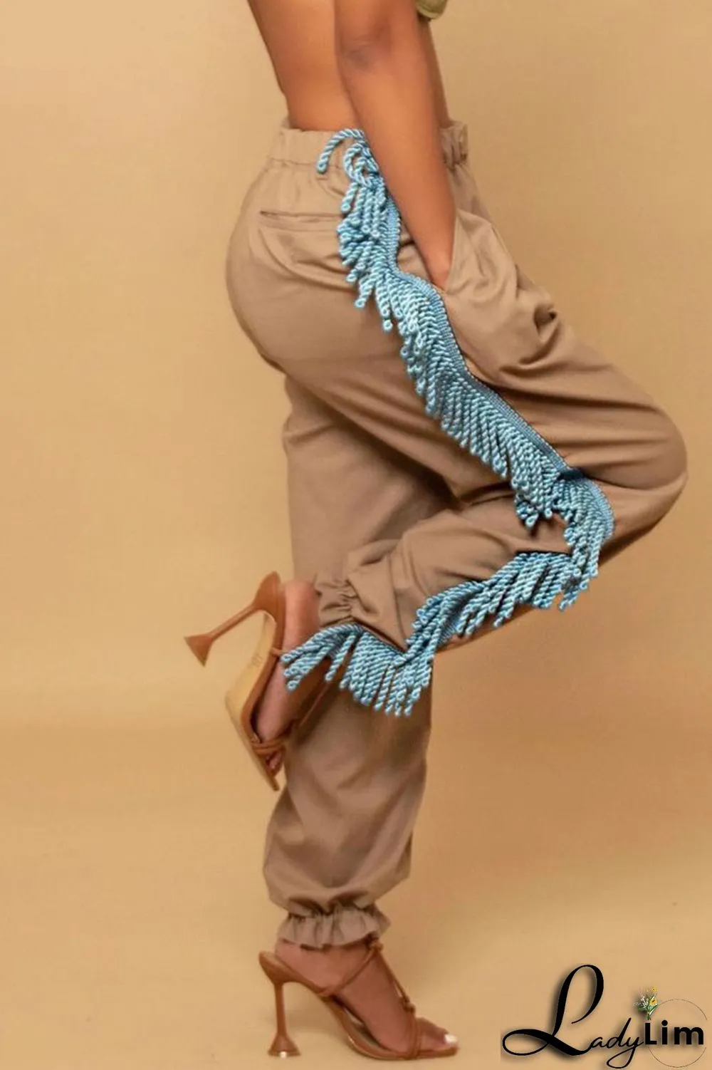 Green Casual Solid Tassel Patchwork Loose High Waist Pencil Solid Color Bottoms