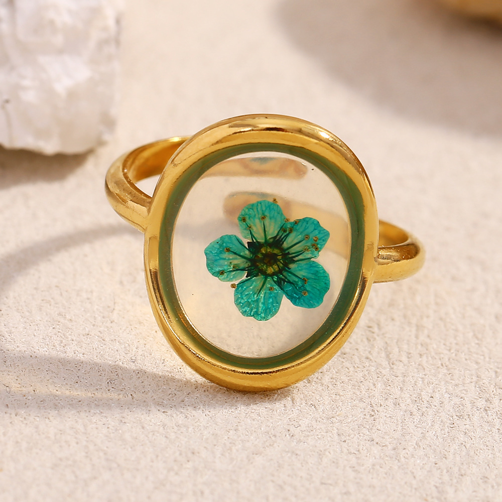Ins Style Simple And Versatile Popular Hand Jewelry Stainless Steel Plated 18K Gold Green Dried Flower Acrylic Ring