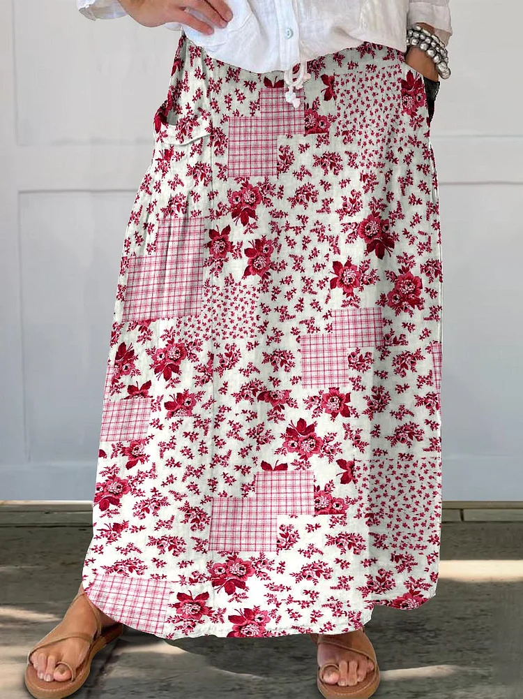 Womens Resort Flower Style Cotton and Linen Skirt With Pockets