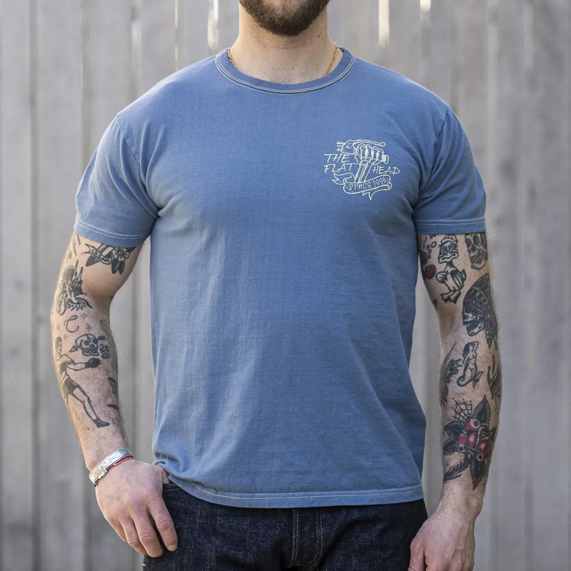 Men's 9.7oz Cotton Printed Blue Short-Sleeved T-Shirt