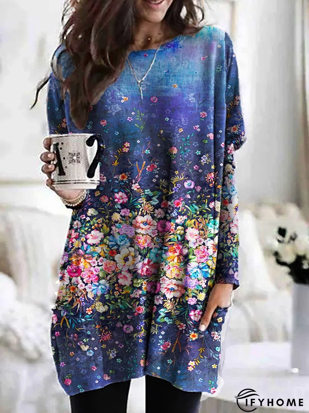 Floral Casual Cotton-Blend Crew Neck Tunic Top | IFYHOME