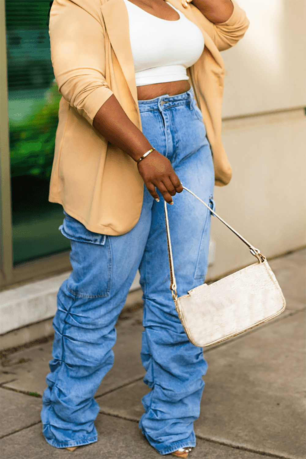 Plus Size Daily Blue Spring Summer Fold Denim Jeans [Pre-Order]