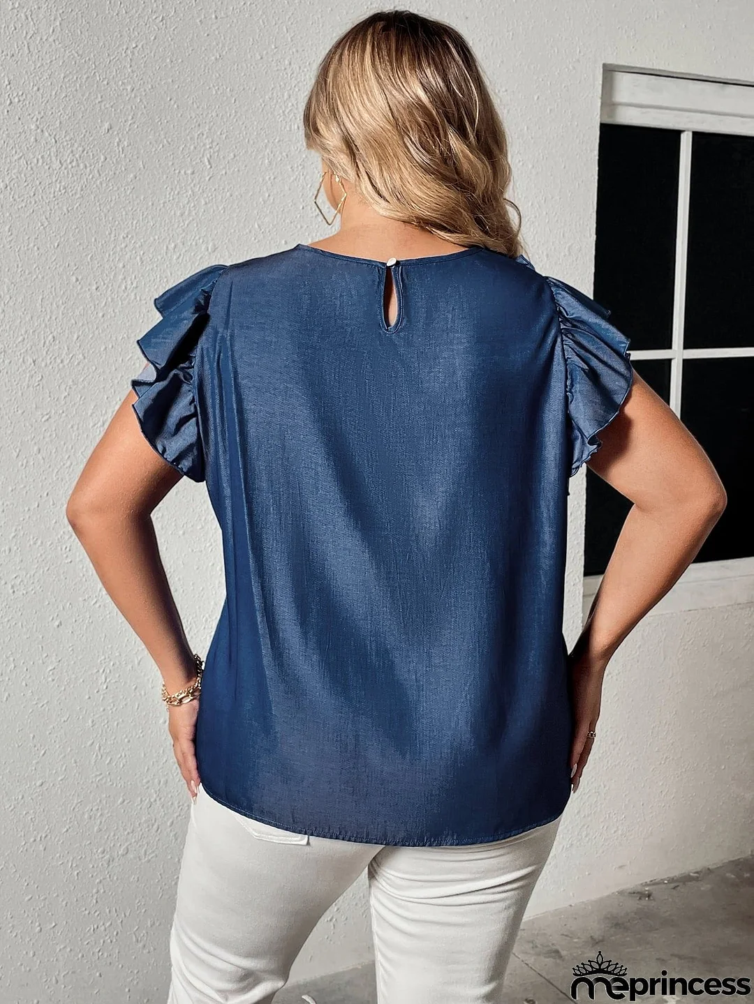 Plus Size Round Neck Flounce Sleeve Frill Trim Blouse