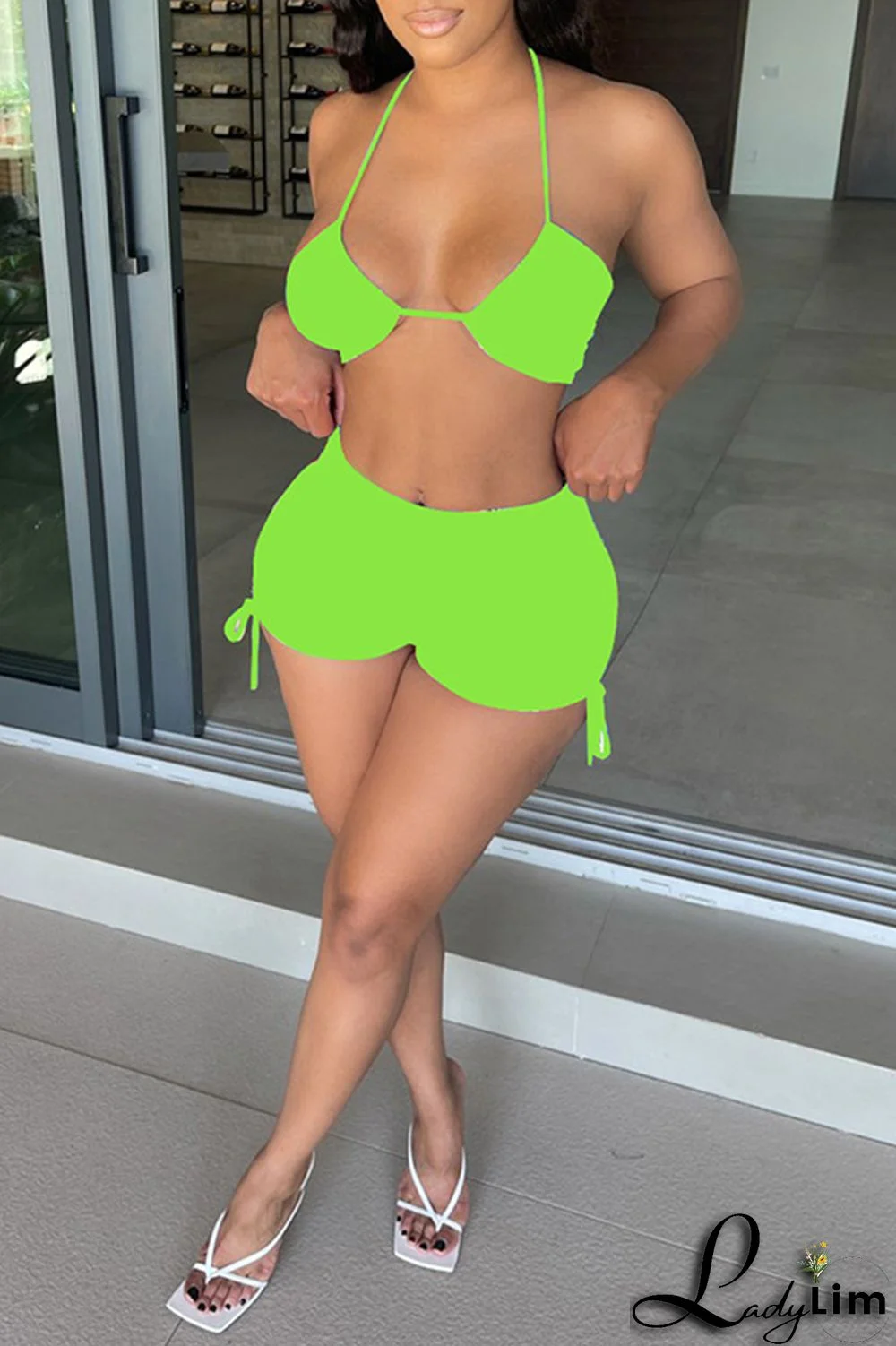 Black Fashion Sexy Solid Bandage Backless Halter Sleeveless Two Pieces