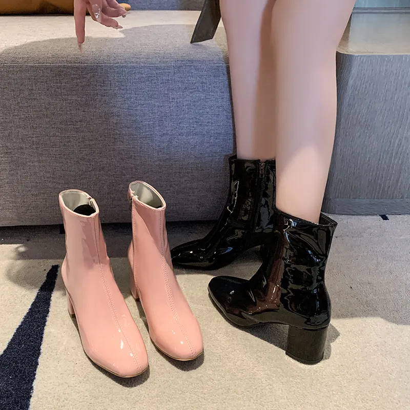 Breakj Breakj Winter New Korean Version Of High-Heeled Thin Boots Fashion Short Boots Women's Large Size Shoes Bright Leather Side Zipper Coarse