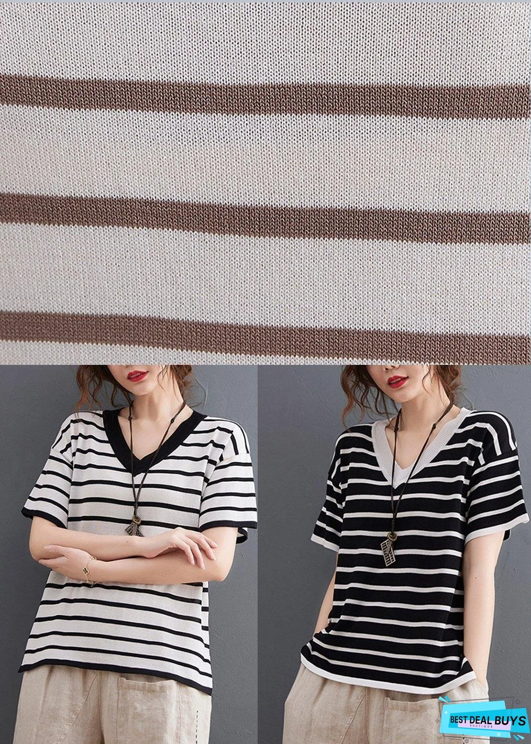 Vintage White Striped Cotton Linen Tops Summer