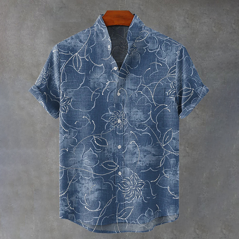 Denim Blue Floral Decorative Pattern Casual Shirt  artssus