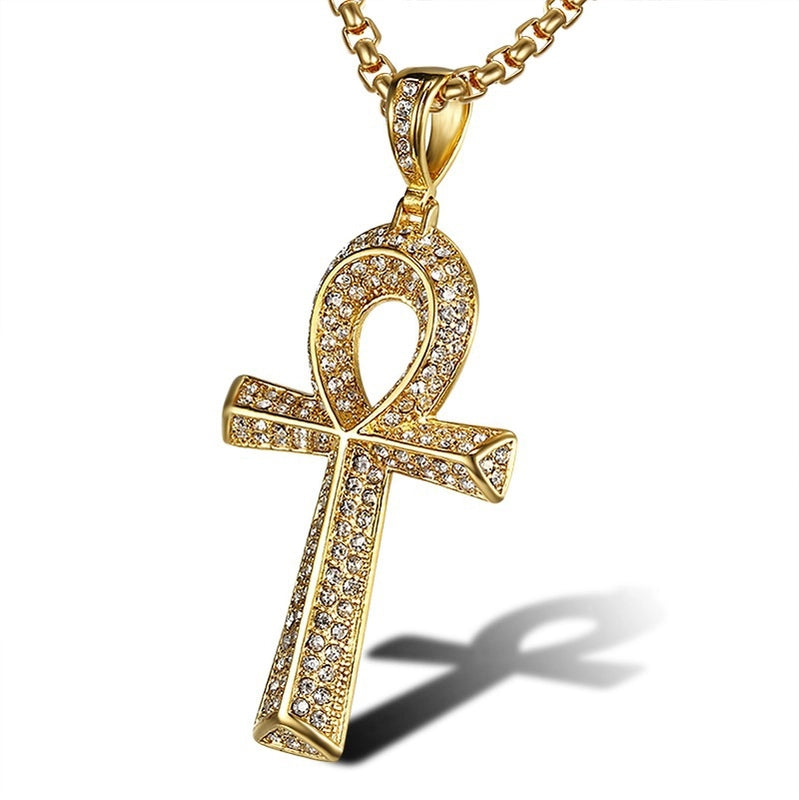 Hip-Hop Cross Key Titanium Steel Plating Rhinestones 18K Gold Plated Men's